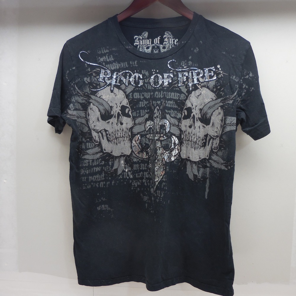 Ring of Fire Mens Skull Fleur De Lis Graphic T-Shirt Black Silver Foil Medium